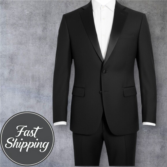$450 CALVIN KLEIN Mens 38R Black Wool Blazer Sport Coat 2-Button TUXEDO Jacket - Picture 1 of 8